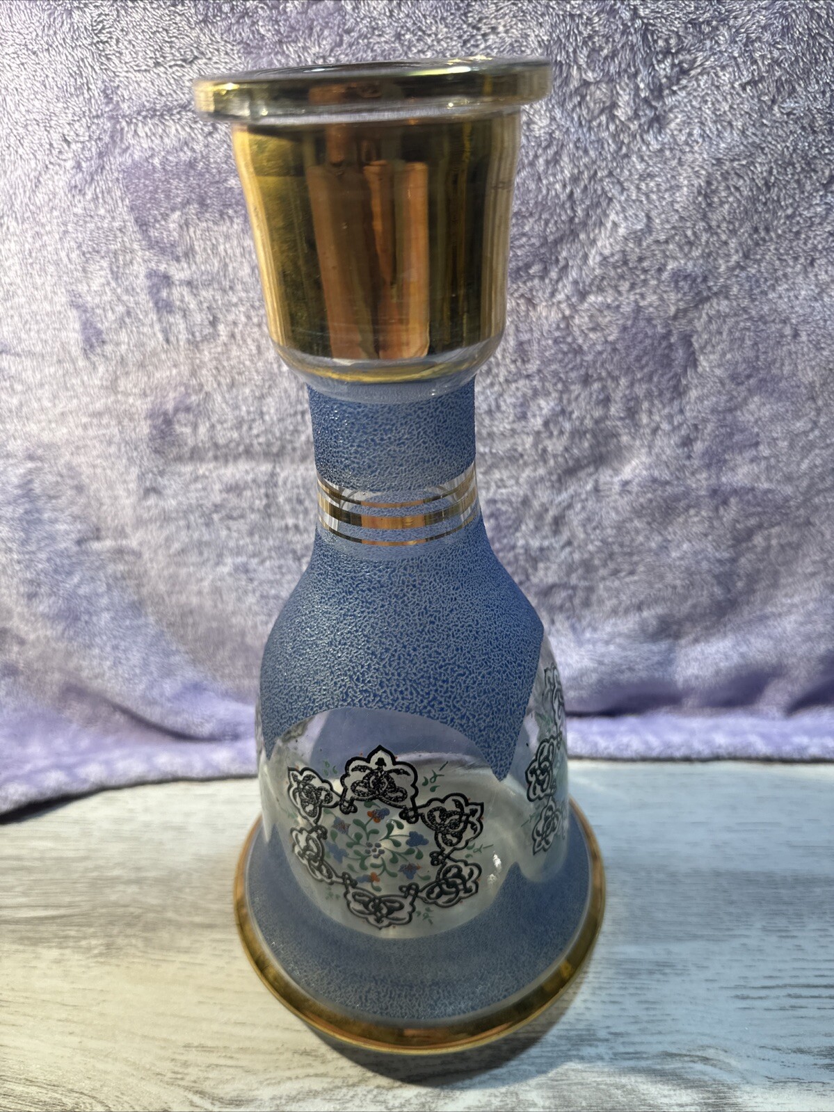 Vintage Large Vase Hookah Base Blue Frosted Glass w/ Ornate Accents Gold Rim