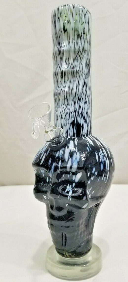 INHALE®️12&Prime; SKULL HEAD HEAVY DUTY SOFT GLASS BLACK AND WHITE WITH PULL STEM