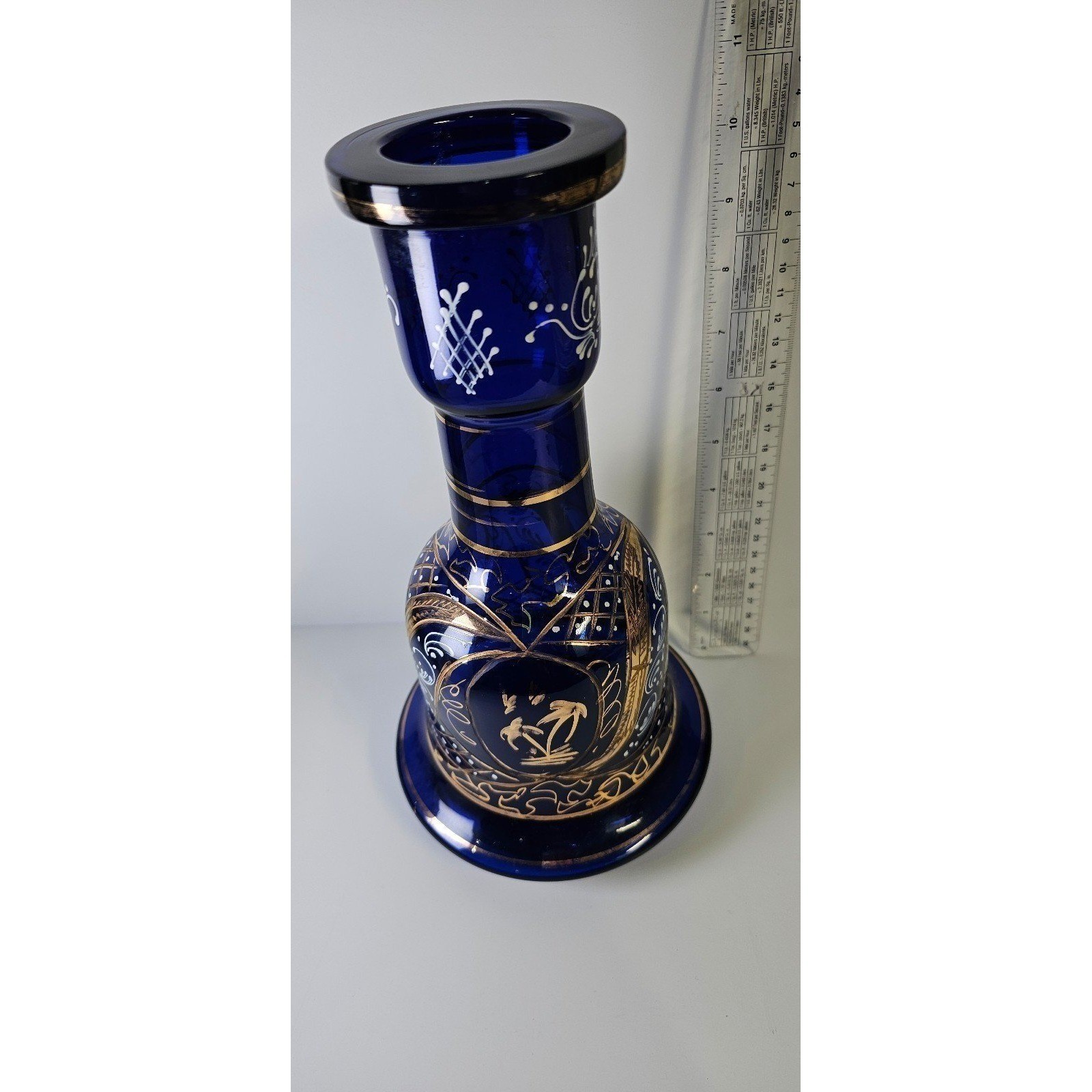 Vintage Cobalt Blue Glass Hookah Base Gold Palm Tree Hand Painted Vase 10&Prime; boho