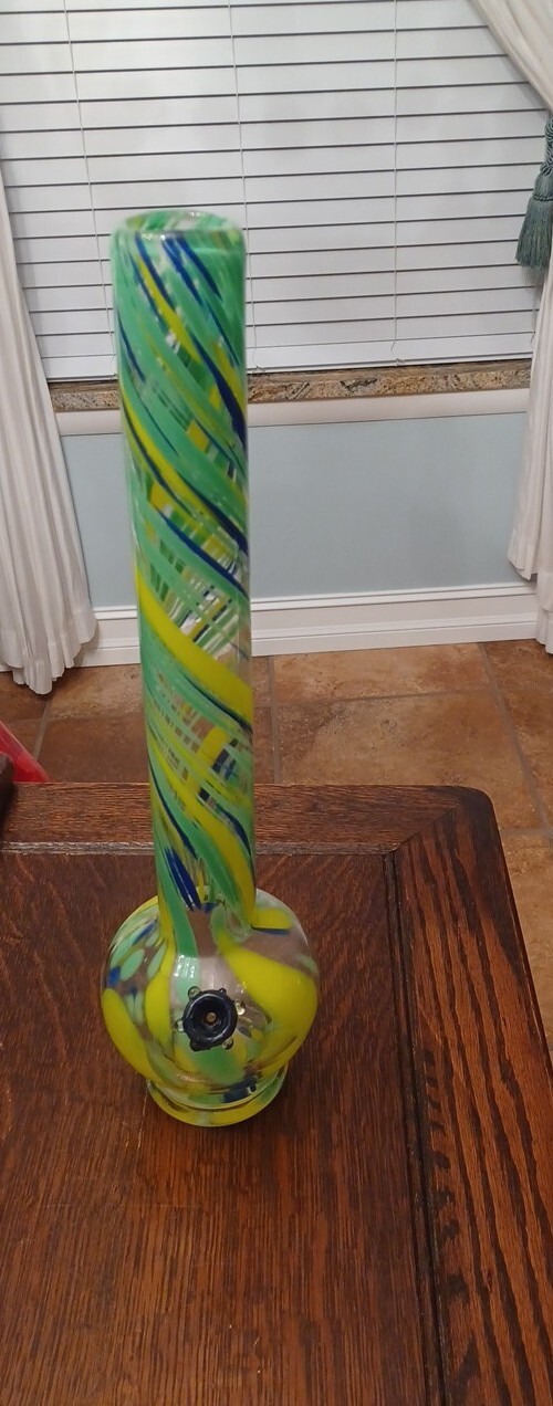 Water Bong Blown Glass Beautiful Pipe Yellow and Green , BLue Swirls
