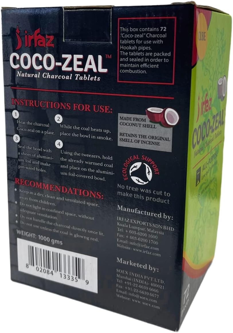 Coco Zeal Natural Coconut Hookah Charcoal Shisha Coal 72 Pieces / 1 KG Cubes
