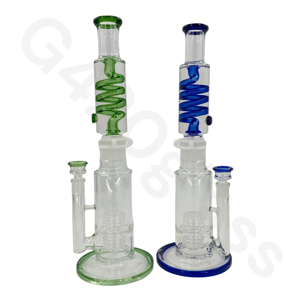 🔥16 Inch G420glass Freezable Coil Bong Double Showerhead Percolator Beaker Bong