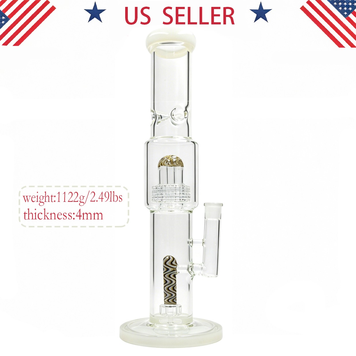 16inch 4mm Thick Wigwag Glass Bong Water Pipe Smoking Perc Hookah & 14mm bowl