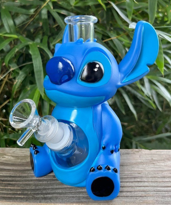 Stitch Water Pipe w/ 14mm Bowl 7&Prime; Glass Bubbler Hookah Cute Blue Vinyl Alien 626