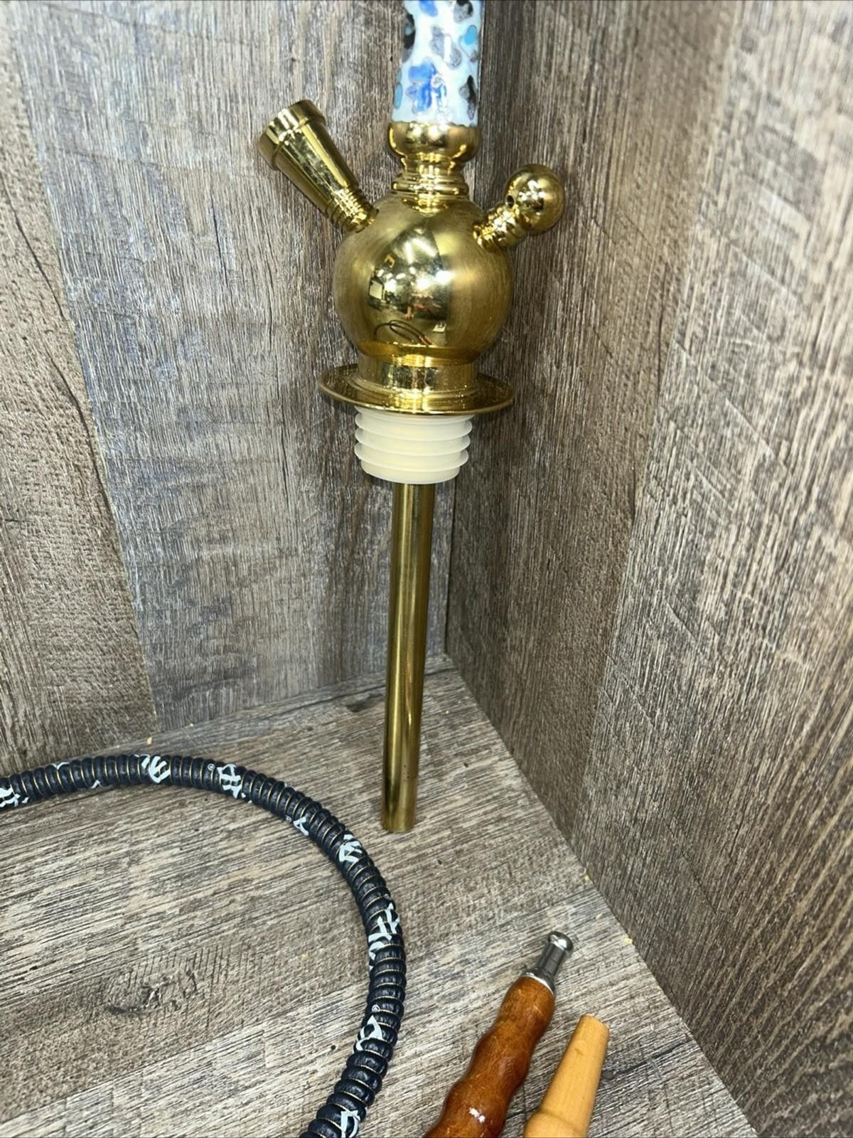 Hookah For Parts Or Repair Incomplete Brass And Ceramic W/wood Tips On Hose