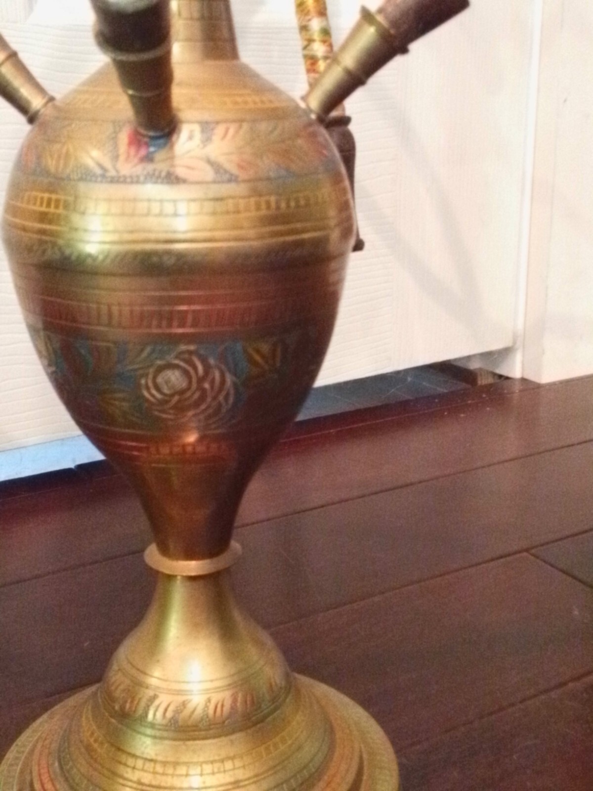 Vintage 1995 30&Prime; tall etched Brass hookah w/enamel floral decoration and 4 hoses