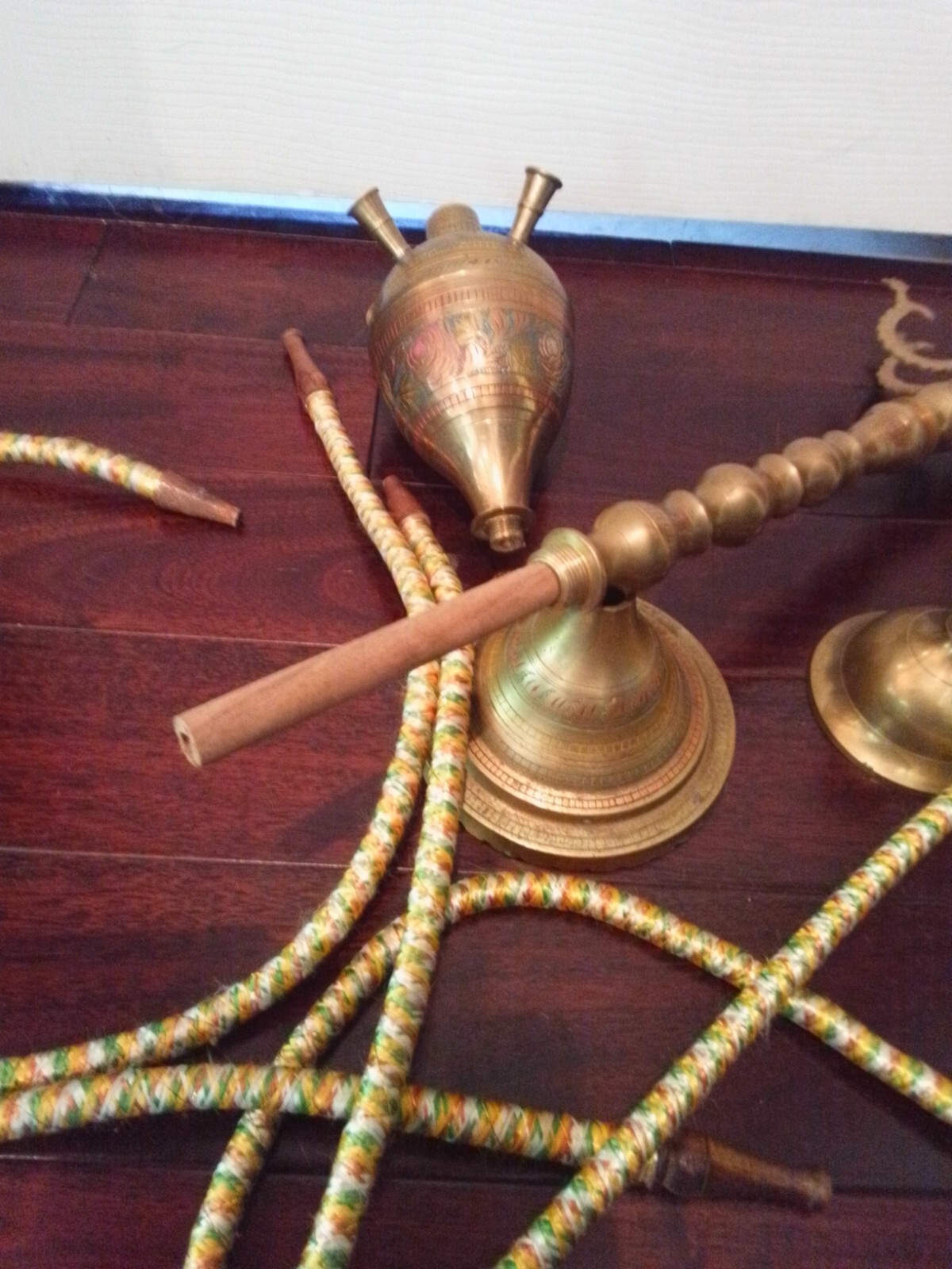 Vintage 1995 30&Prime; tall etched Brass hookah w/enamel floral decoration and 4 hoses