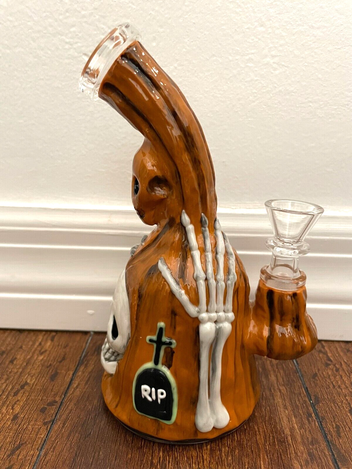 6.25” Premium Glass Water Pipe Spooky Skulls Bones Grave Glow in Dark 14mm