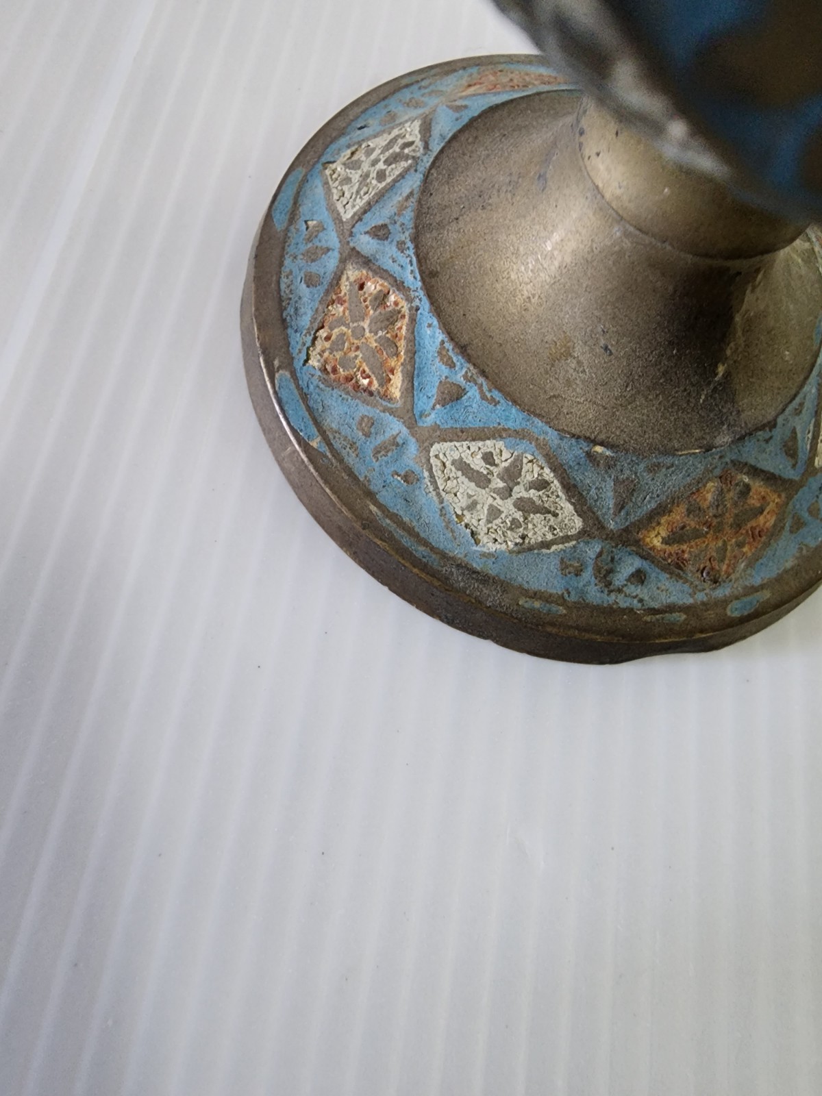 Vintage India Brass Hookah Enamel Geometric Floral 4-Spout Tulipiere Boho Decor