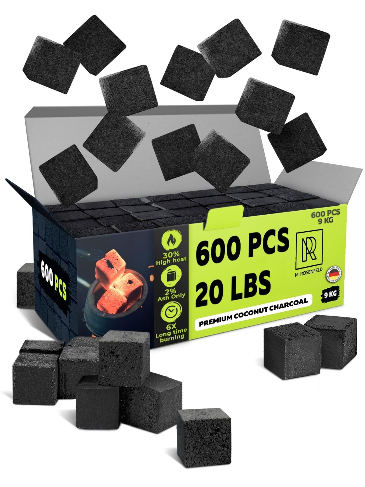 600 Pcs Premium Coconut Hookah Charcoal Coals – 25mm Natural Cubes, XXL Pack