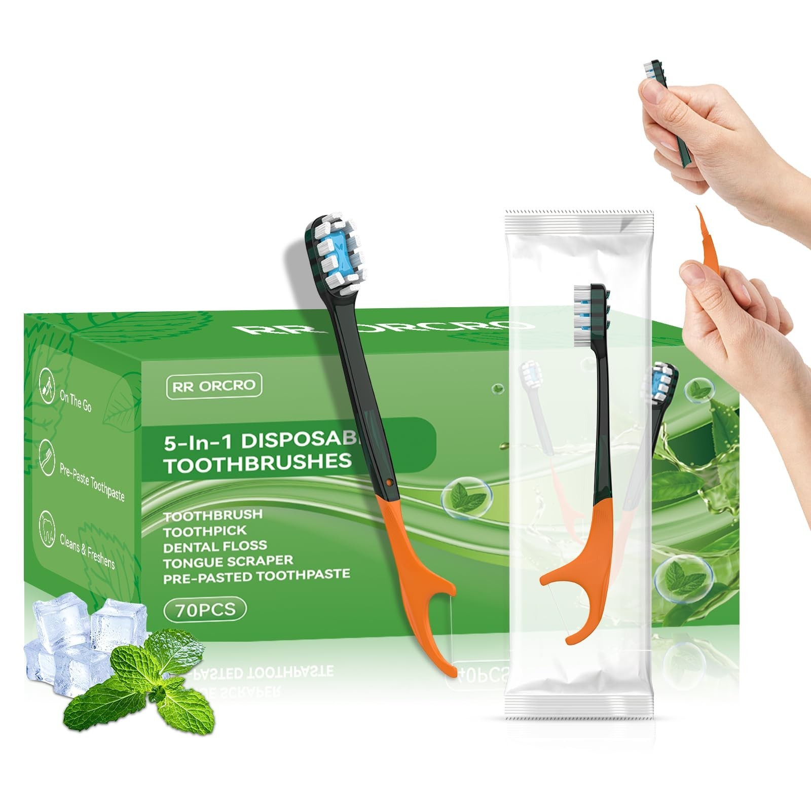 70Pack Disposable Toothbrushes with Toothpaste + Pick + Floss + Tongue Scrape…