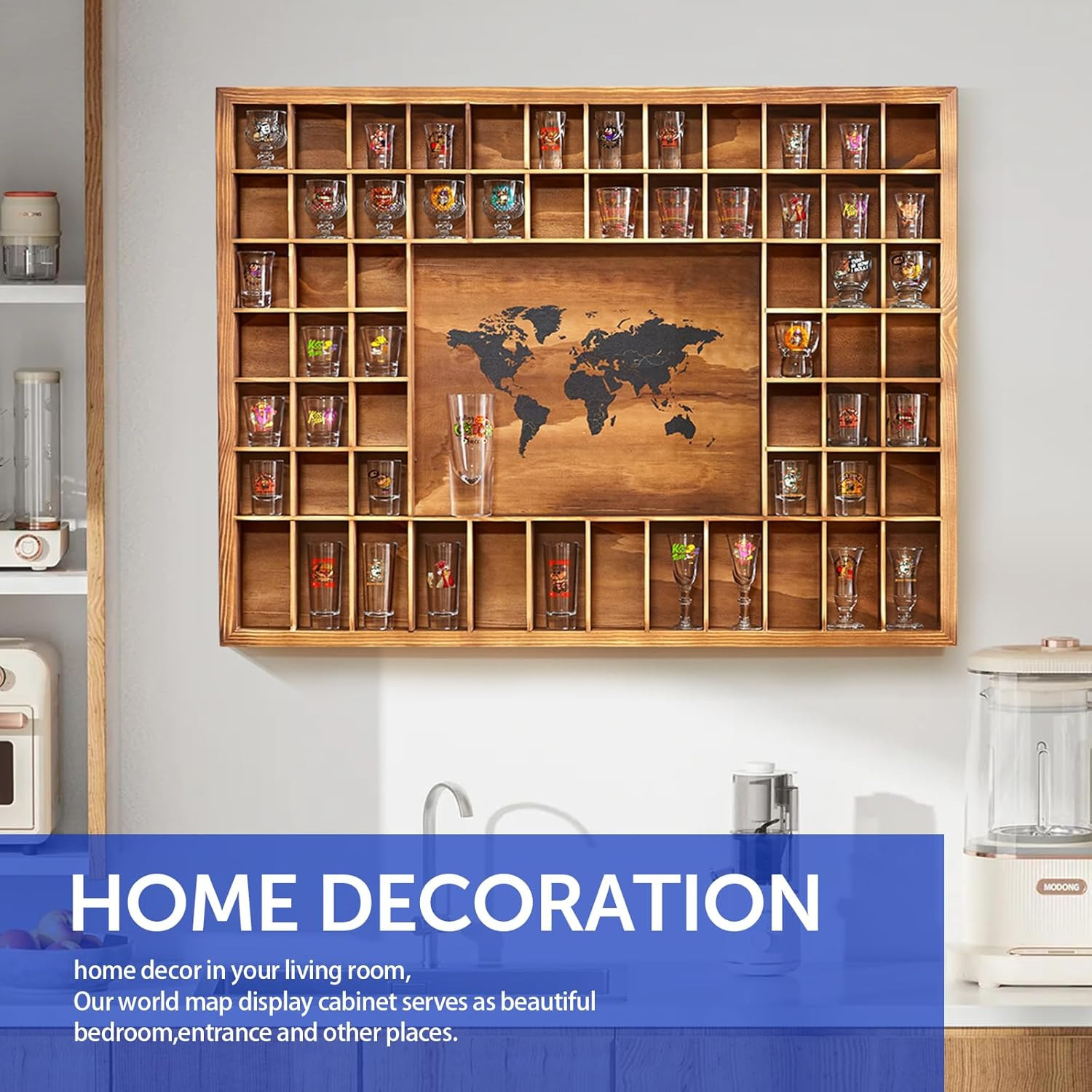 Large Shot Glass Display Case with World Map,60 Slots, 34 X 26 Inch Rustic Wood
