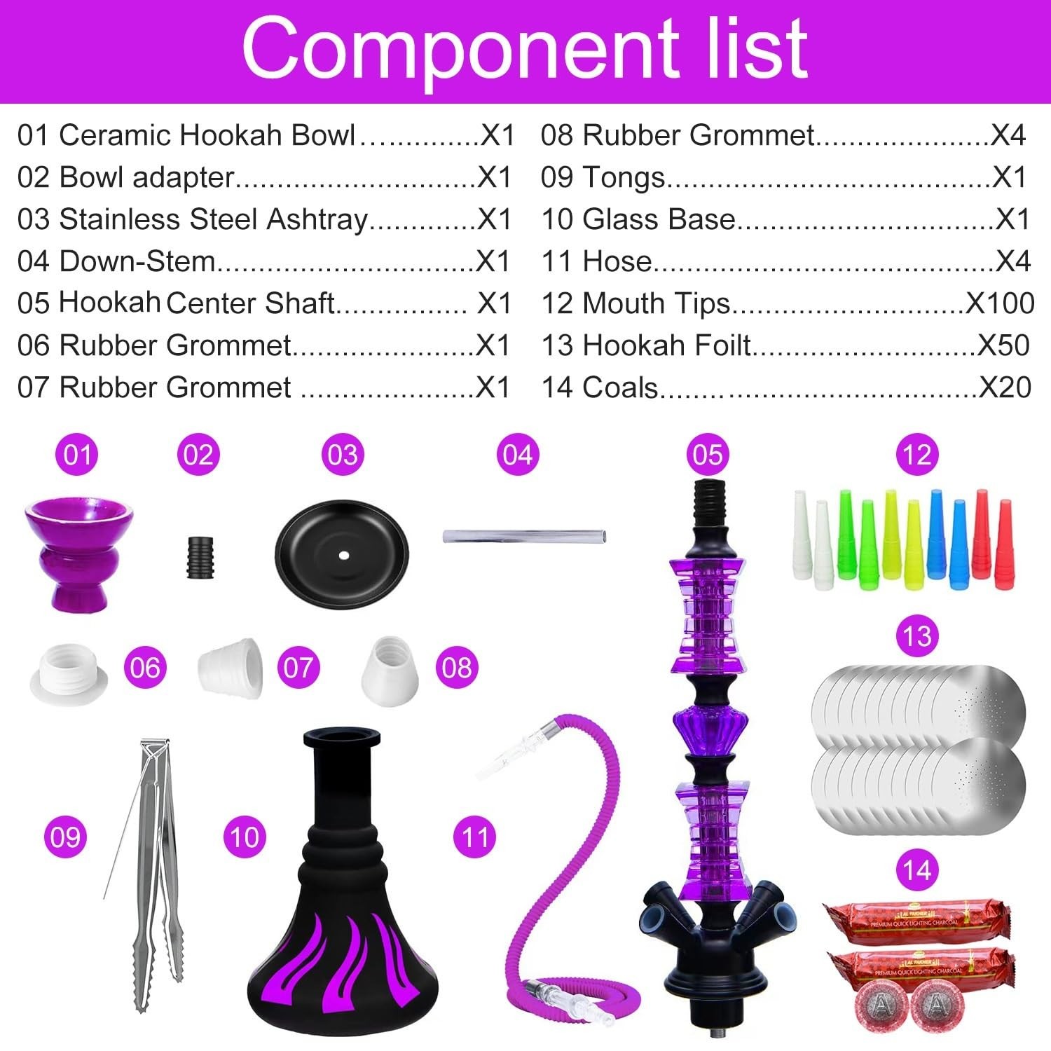 22&Prime; Hookah Set Purple 4 Persons with 100 Tips 50 Foil 20 Coals