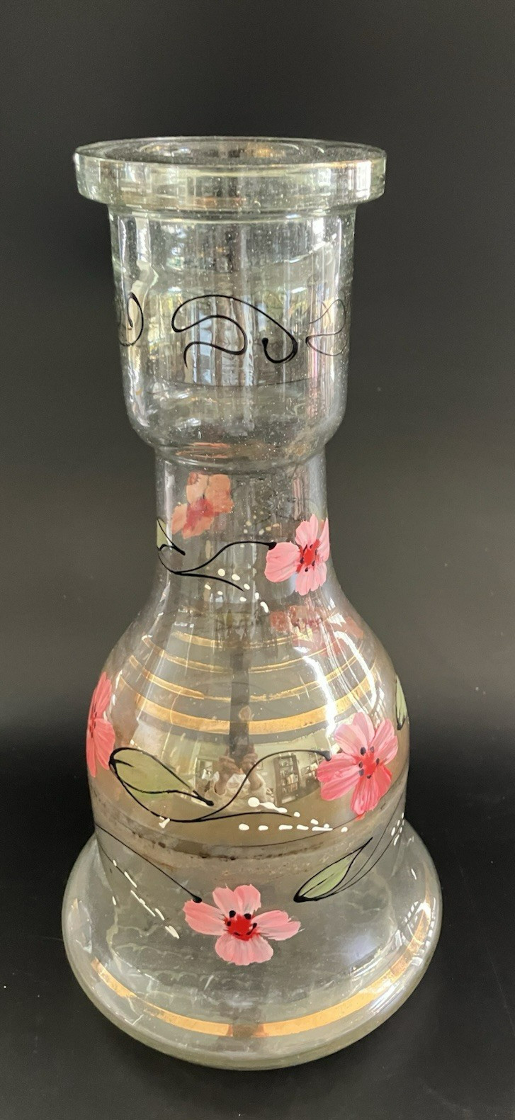 Vintage Bohemian Glass Hookah Vase Decanter Hand Painted Pink Flowers Black Gold