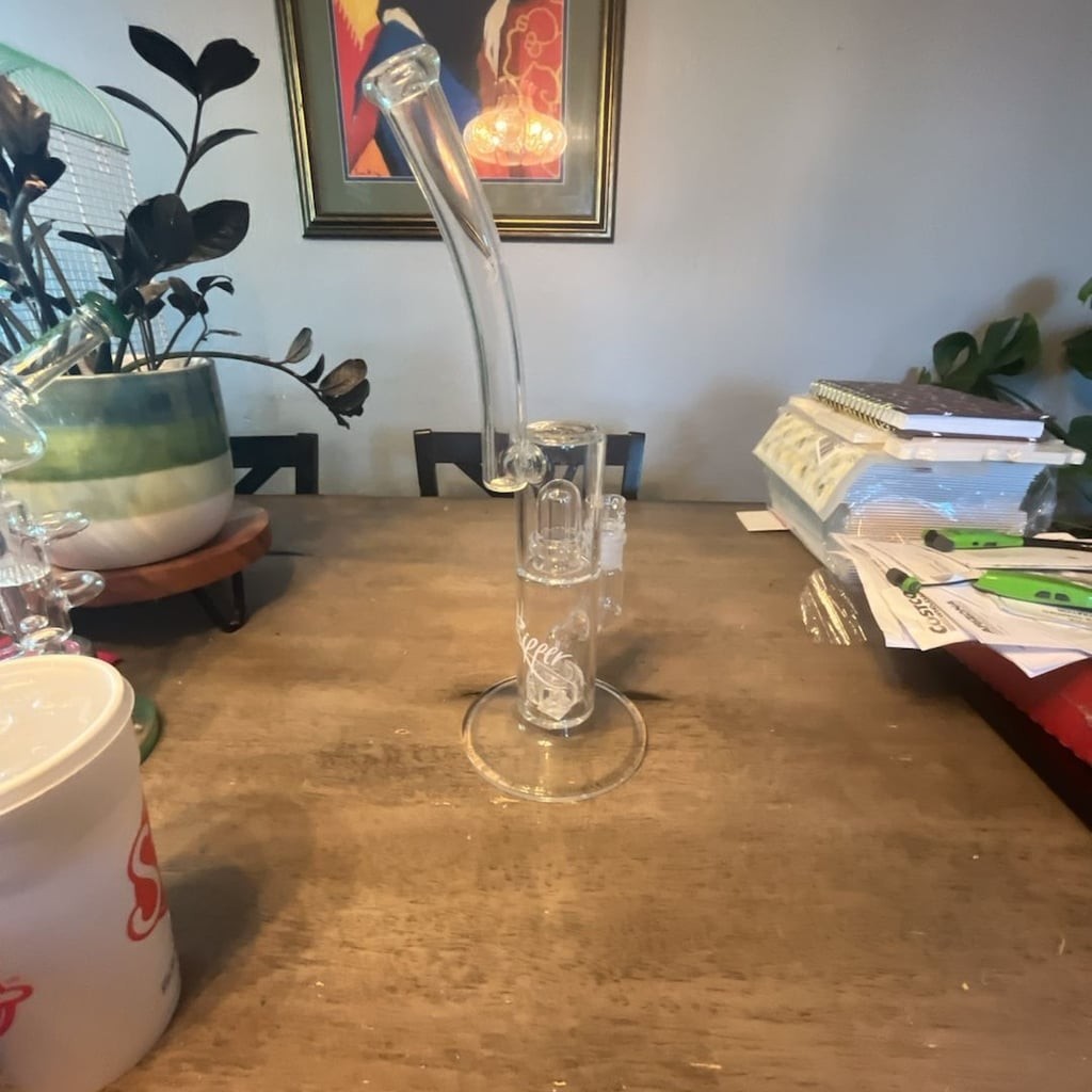 Ripper Clear Glass Sidecar Bubbler Piece wi/Bent Neck and Showerhead Percolator