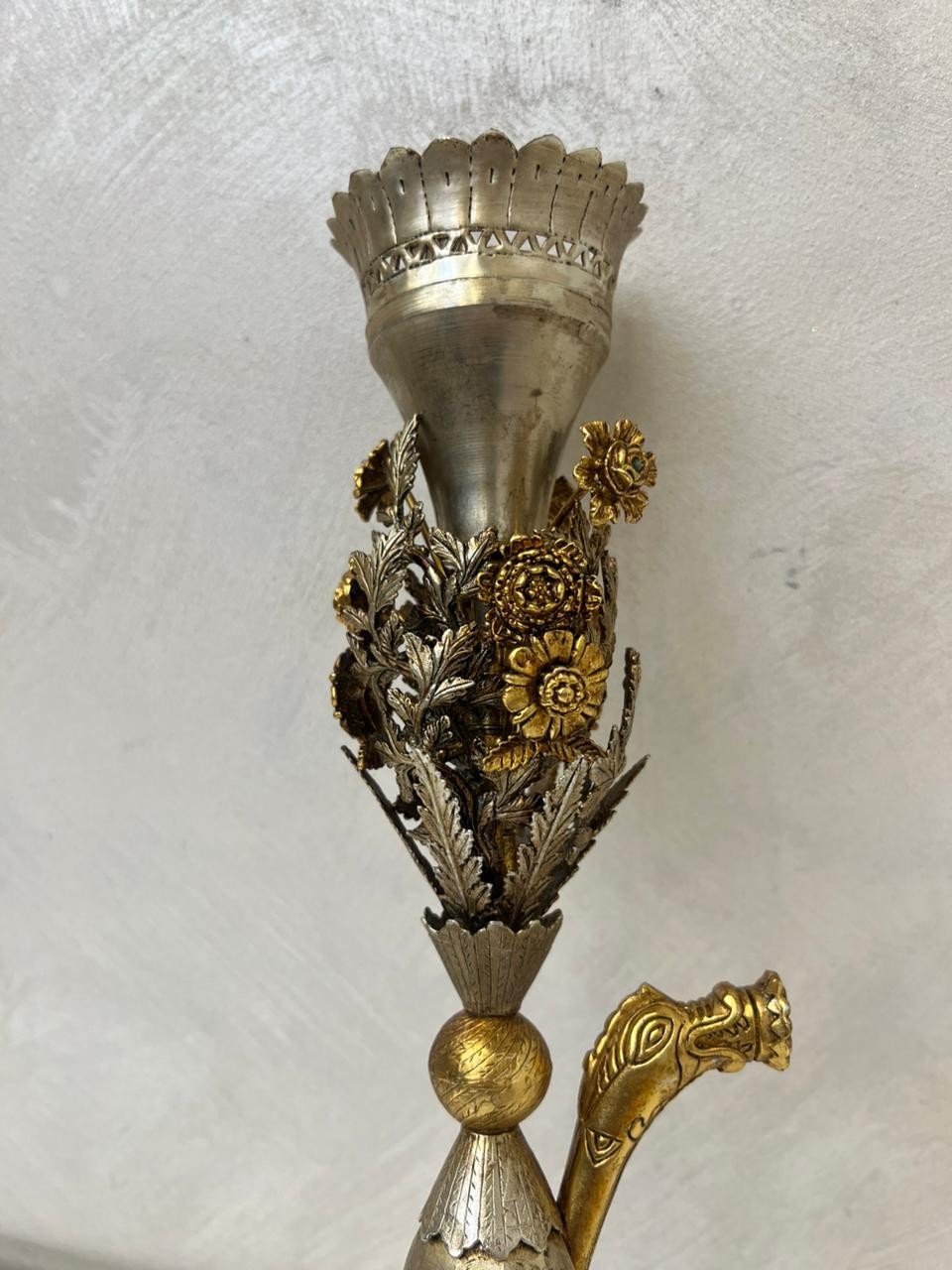 Vintage Persian Ornate Floral Dragon Hookah Chillum Bowl Head – Gold Silver Tone