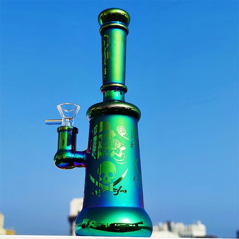 10 In Tinted Green Skull Roses Pirates Hookah Glass Water Pipe Bong 14mm