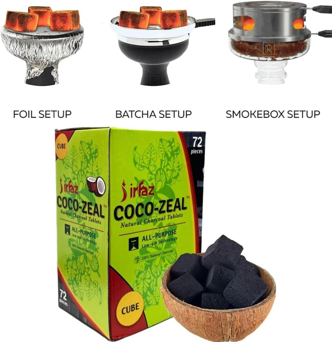 Coco Zeal Natural Coconut Hookah Charcoal Shisha Coal 72 Pieces / 1 KG Cubes