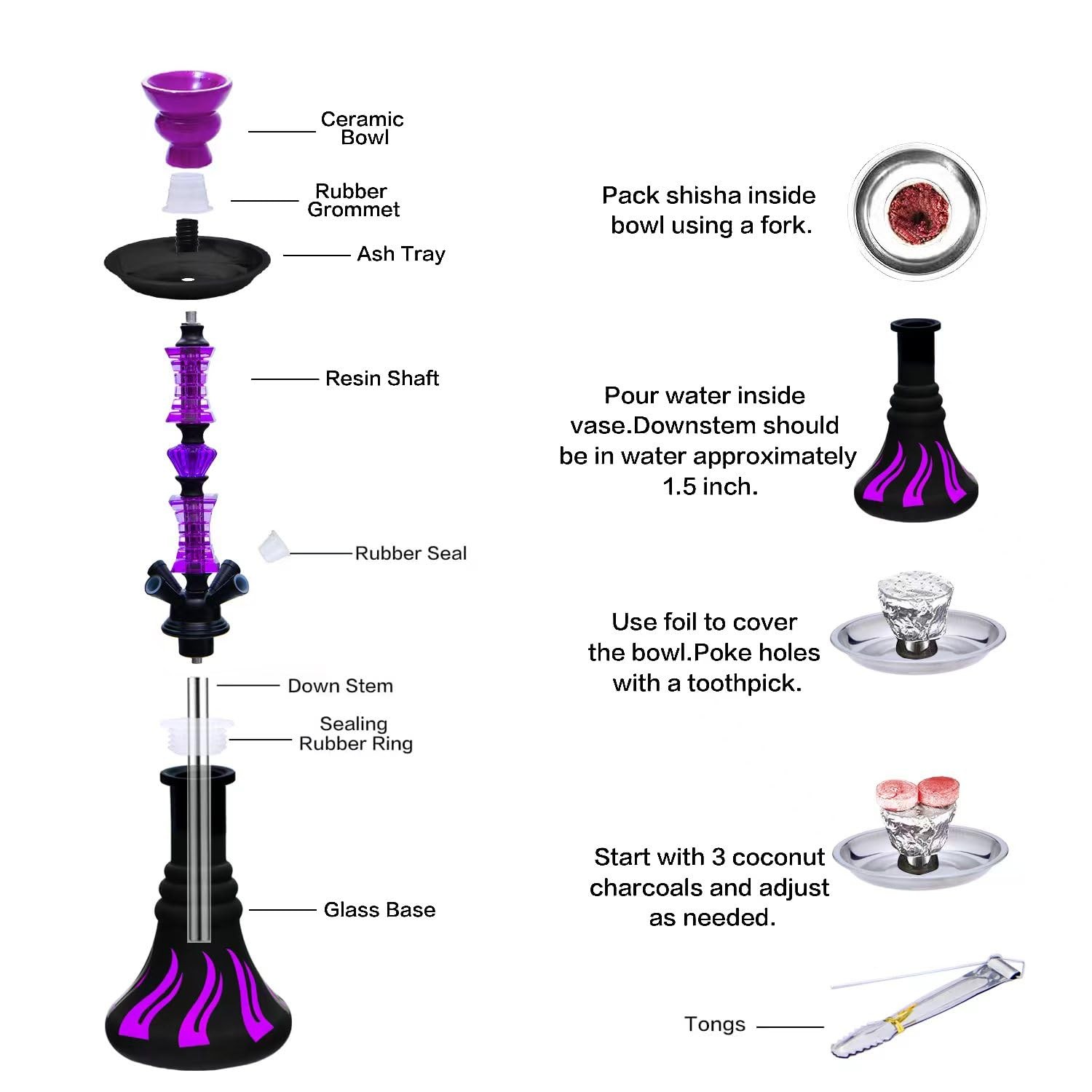 22&Prime; Hookah Set Purple 4 Persons with 100 Tips 50 Foil 20 Coals