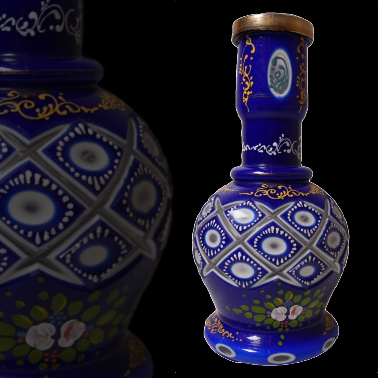 Rare Bohemian Cobalt Blue Glass Hookah Base – Hand-Painted Esfahan Floral Gilded