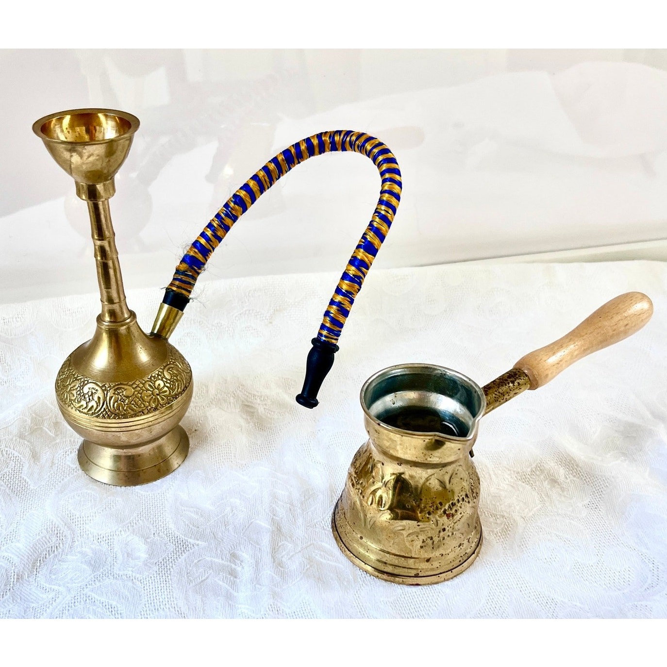 Vintage Brass Hookah Turkish Coffee Pot Handmade Engraved Middle Eastern Decor