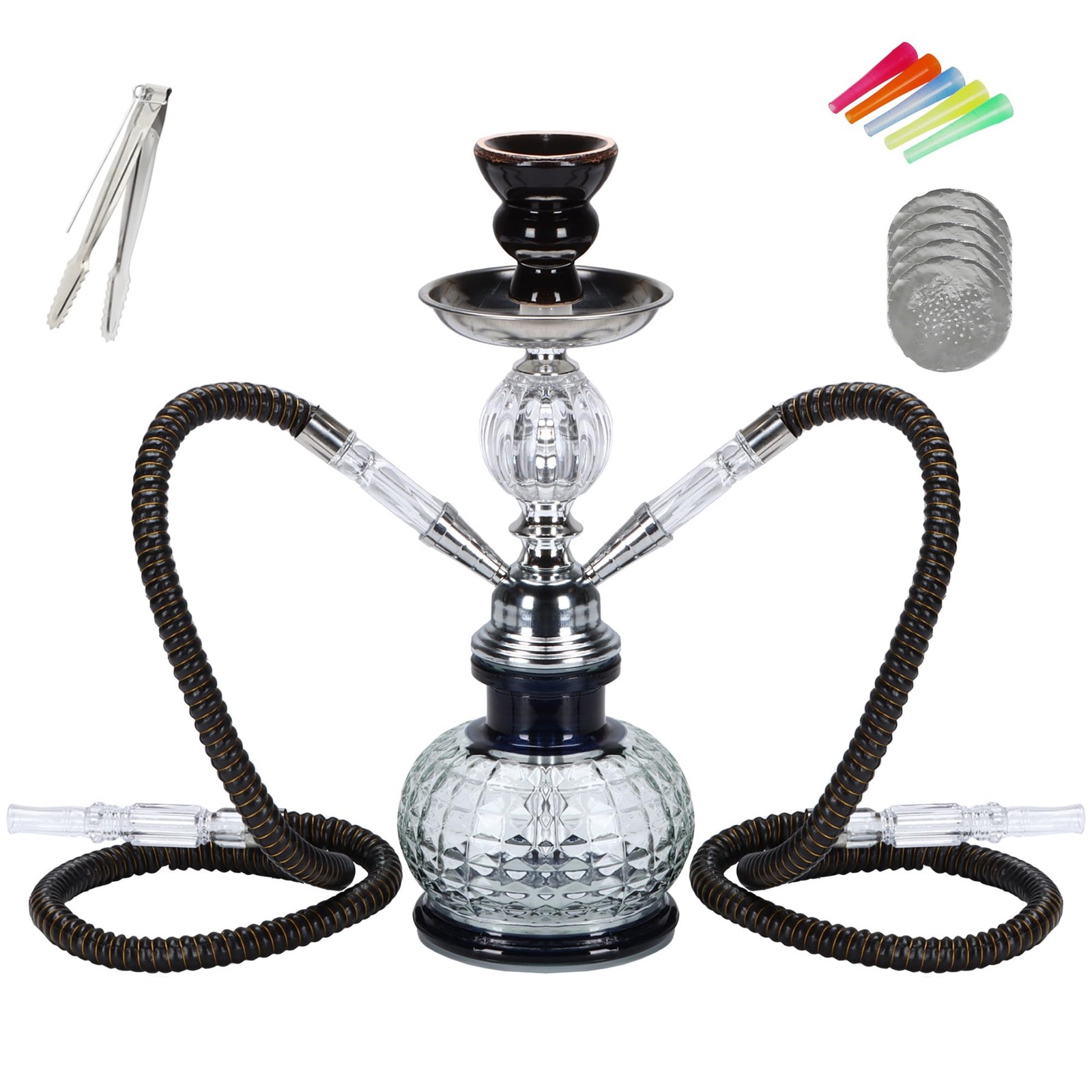 SERdeerCH Hookah 2 Hose Complete Set Silicone Tube Ceramic Bowl black