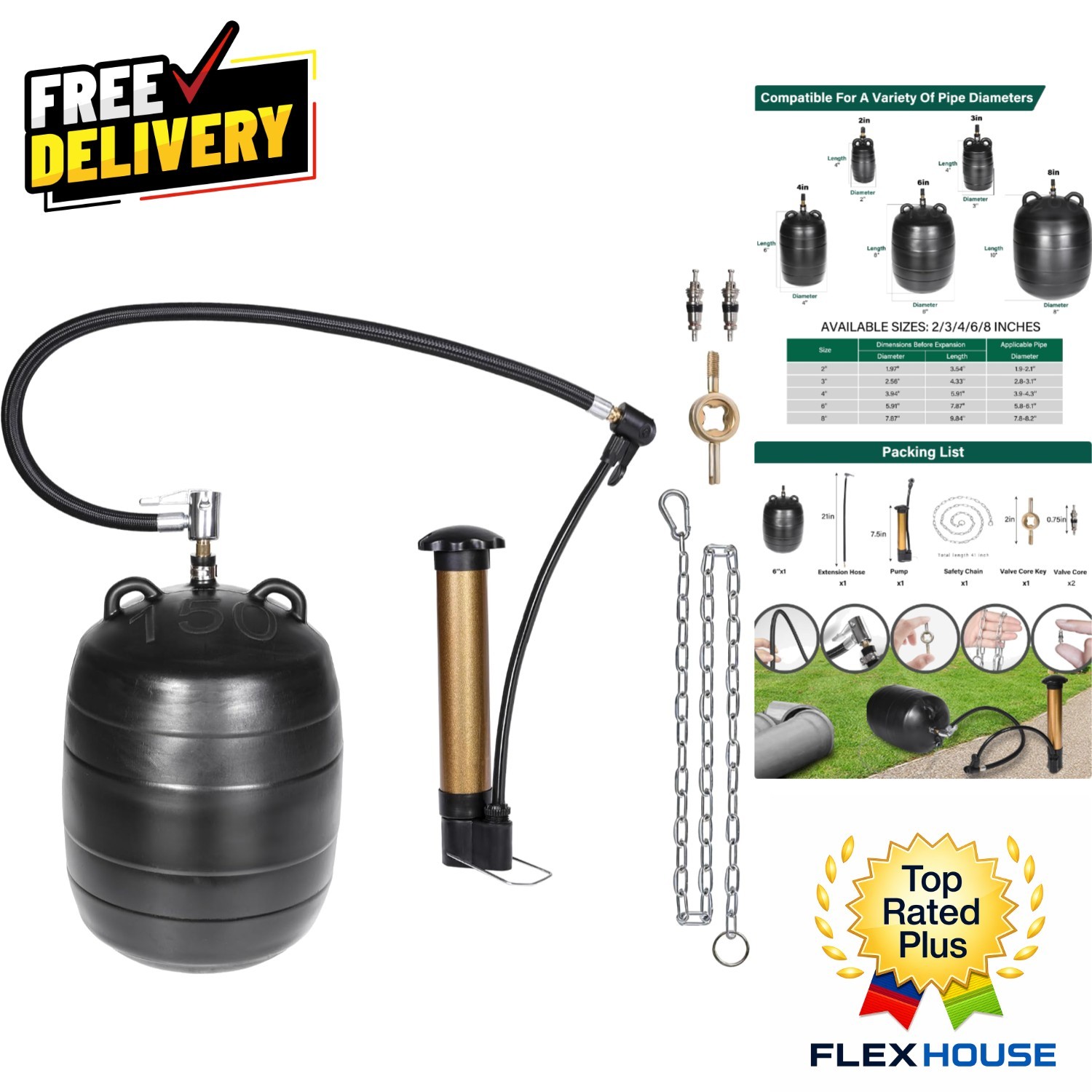 Complete 6-Inch Inflatable Pipe Kit with Safety Chain & Valve Tool for DIY Leaks