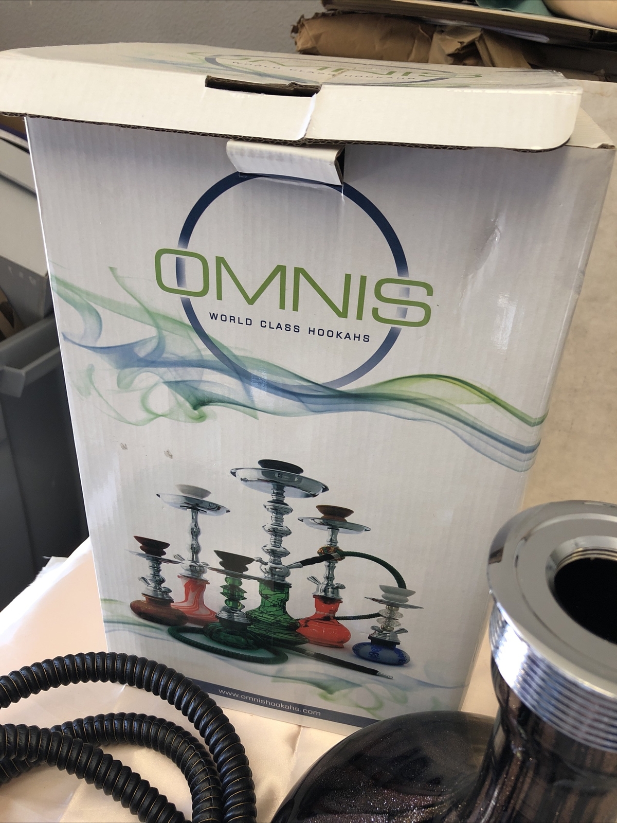 OMNIS World Glass Hookah Brown/Black Hookah W/ All Parts Box Is Damaged