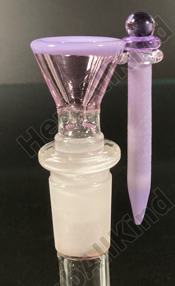 14mm Male Pink Purple Glass Funnel Bowl w Poker Wand & Clear Holder Loop