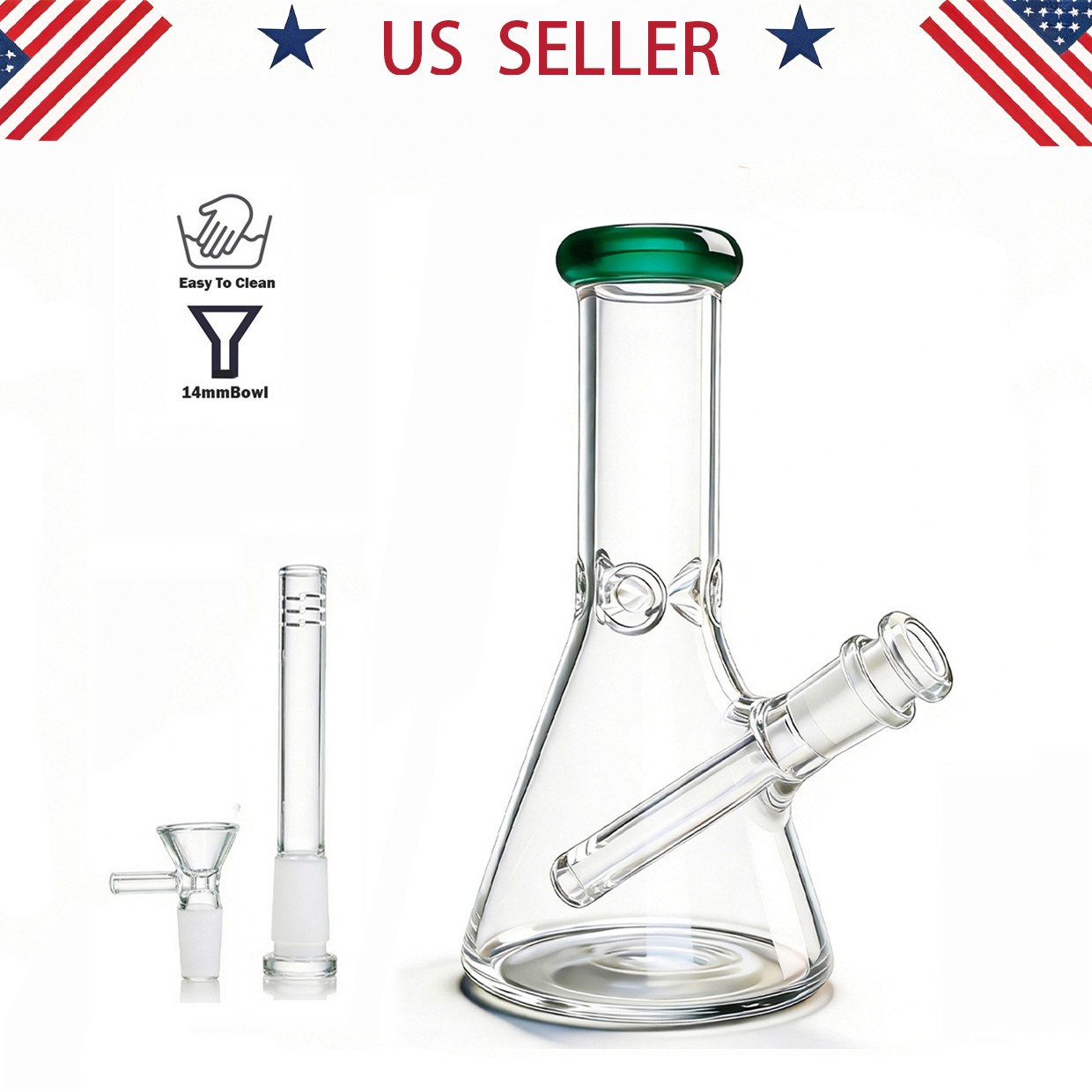 8in Heavy Duty Glass Bong Water Pipes Tobacco Skmoking Beaker Hookah W/14mm bowl