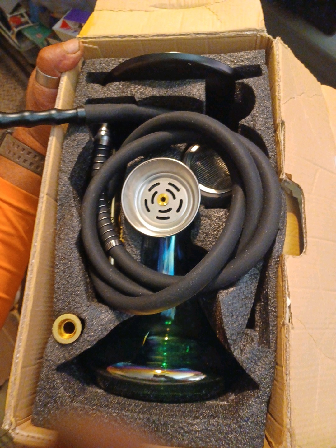New, Green Irrodescent Glass, With Brass, Single Toker Tube, 20 Inch Tall HOOKAH