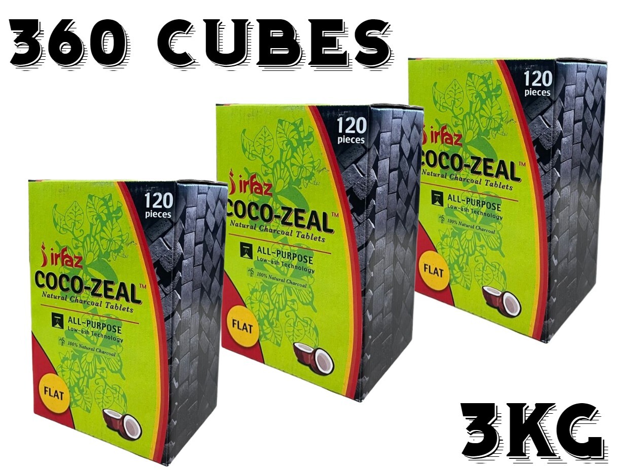 3kg Pack Coco Zeal Natural Coconut 360 Cubes Hookah Charcoal Shisha Coal – Flat