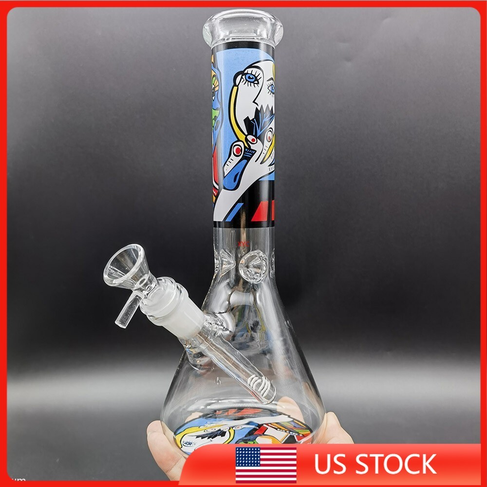 10&Prime; Abstract Printe Glass Water Pipe Bong Hookah Smoking Pipes W/ 14mm Male Bowl