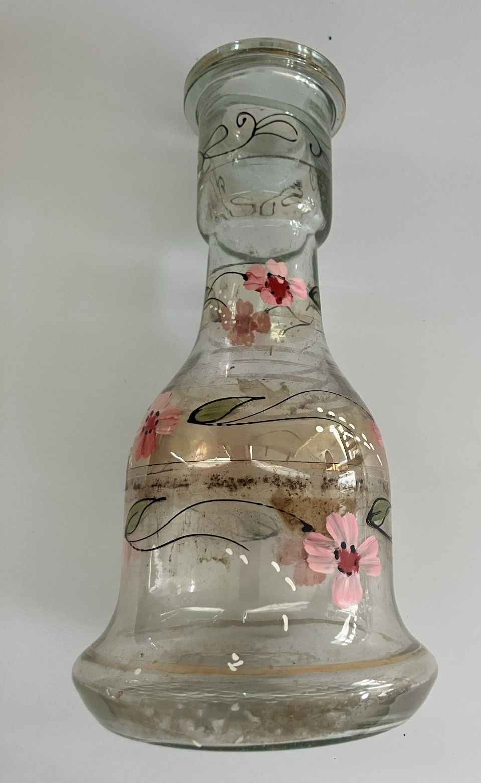 Vintage Bohemian Glass Hookah Vase Decanter Hand Painted Pink Flowers Black Gold