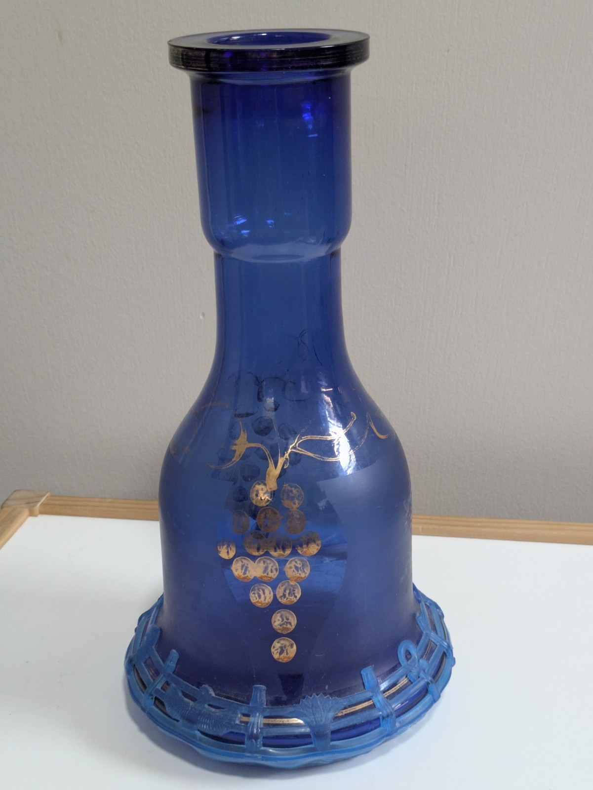 12&Prime; Cobalt Blue Glass Hookah Base & Egyptian Art Silicone Grip, Vintage Bohemian