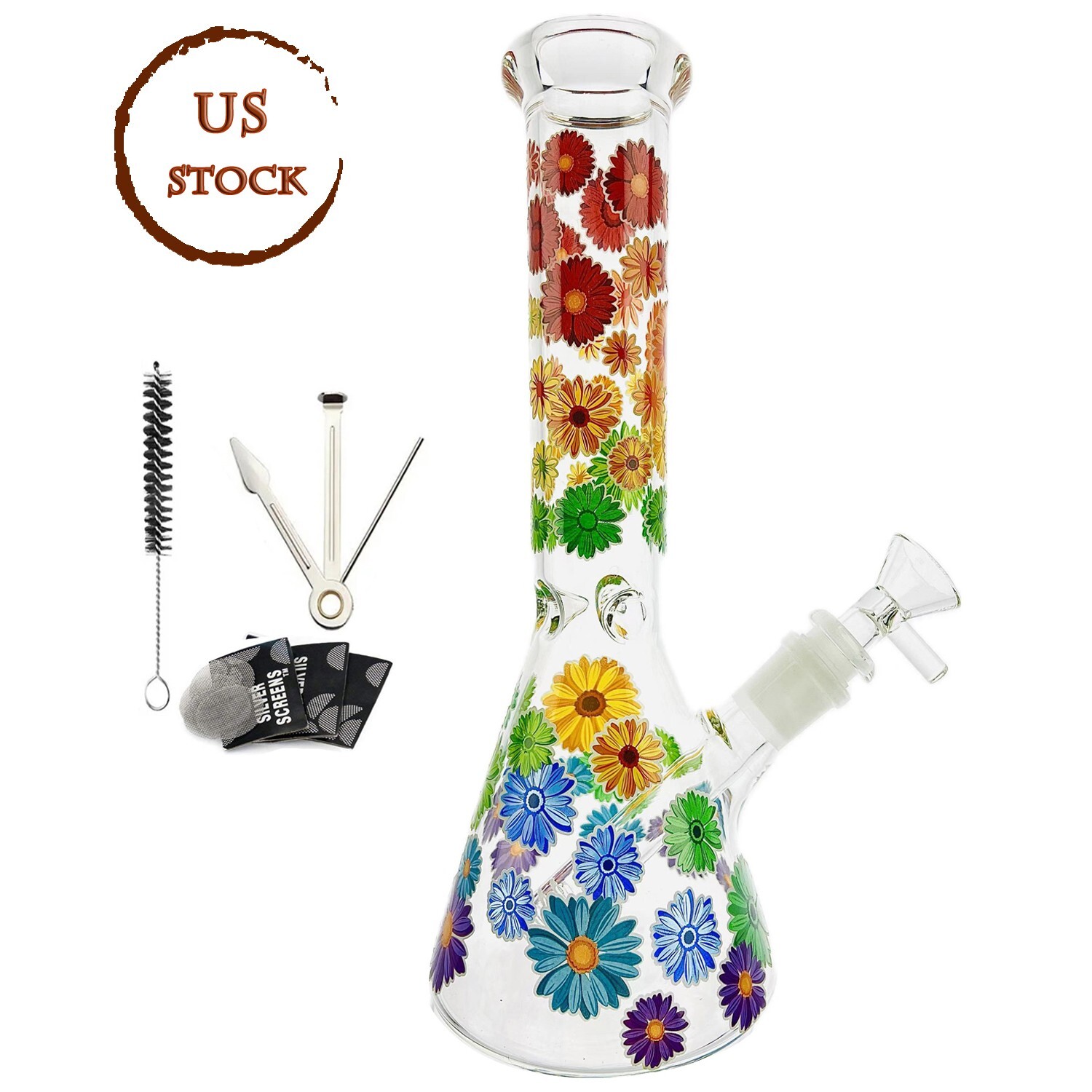 10&Prime; Heavy Glass Bong Smoking Hookah Water Pipe Colorful Floral Beaker 14mm Bowl