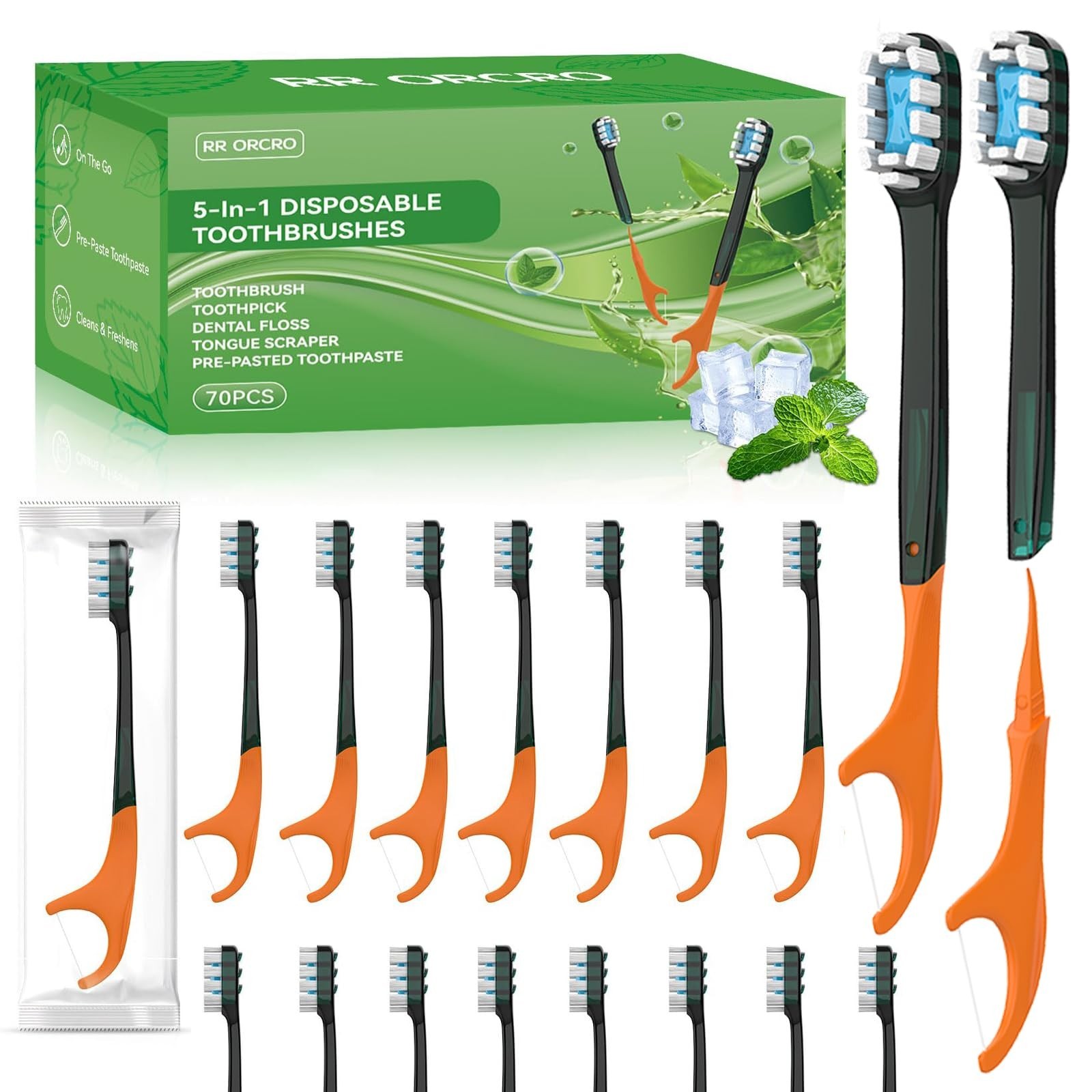 70Pack Disposable Toothbrushes with Toothpaste + Pick + Floss + Tongue Scrape…