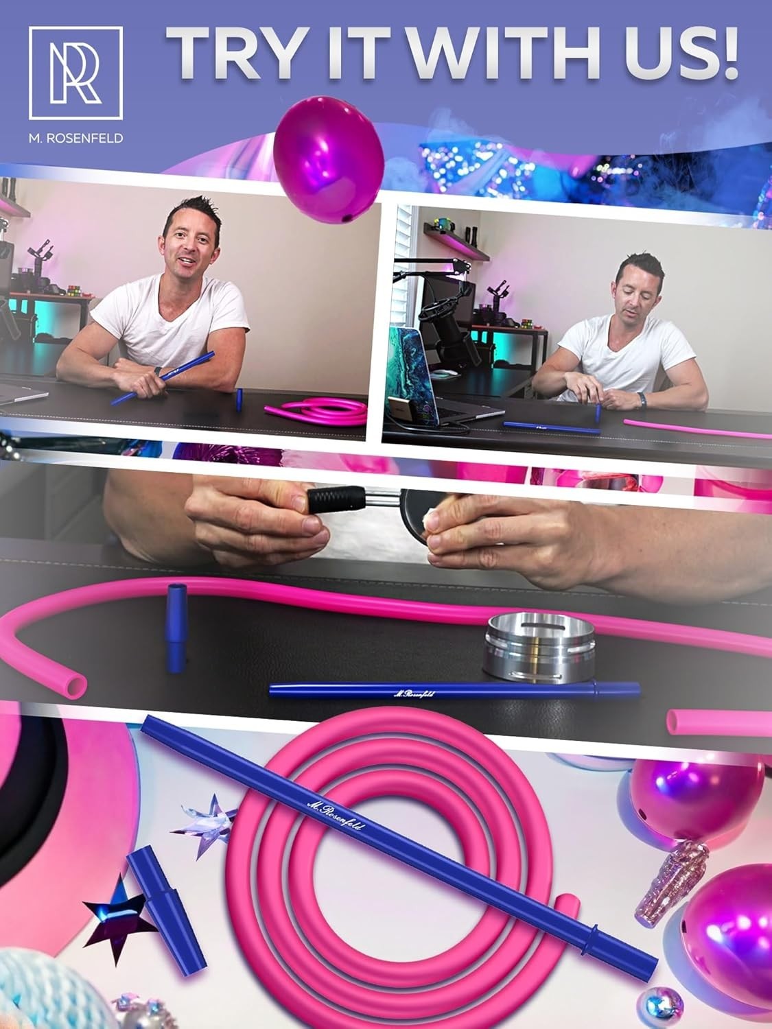 60&Prime; Pink Hookah Hose with Blue Easy-Grip Mouthpiece for Smooth Smoking