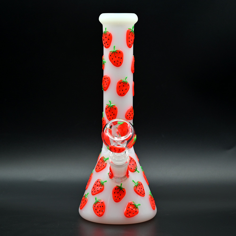 CUTE 10&Prime; Glass Bong Strawberries Glow in the Dark Smoking Beaker Water Pipe USA