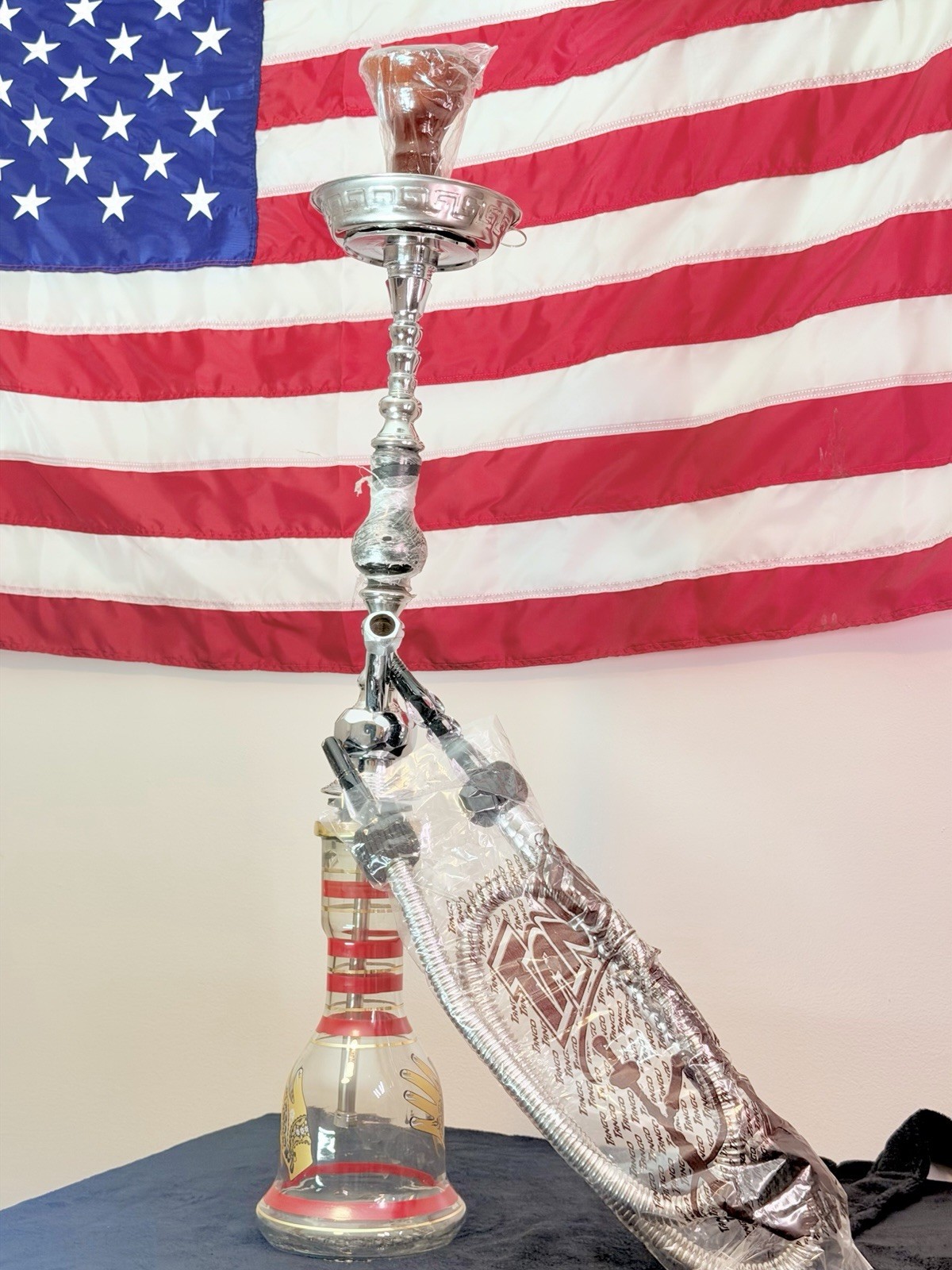 Portable Hookah Set Kit With Glass Base, Metal Stem, Hose, Bowl, Tray, Tongs
