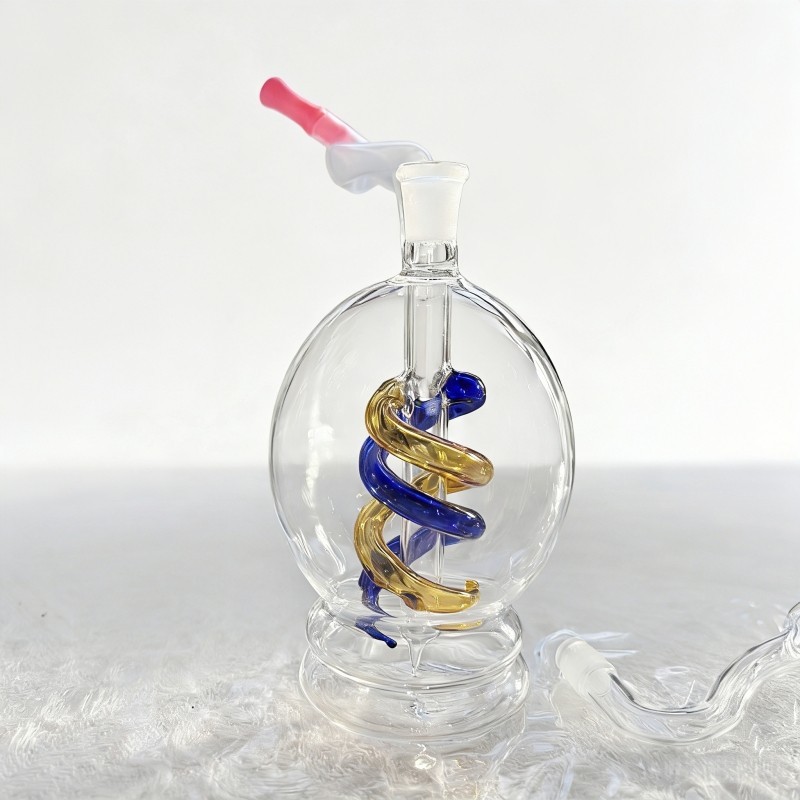 4.5&Prime; Premium Glass Water Pipe with Dual Spiral Percolator Blue Gold Orb Bong