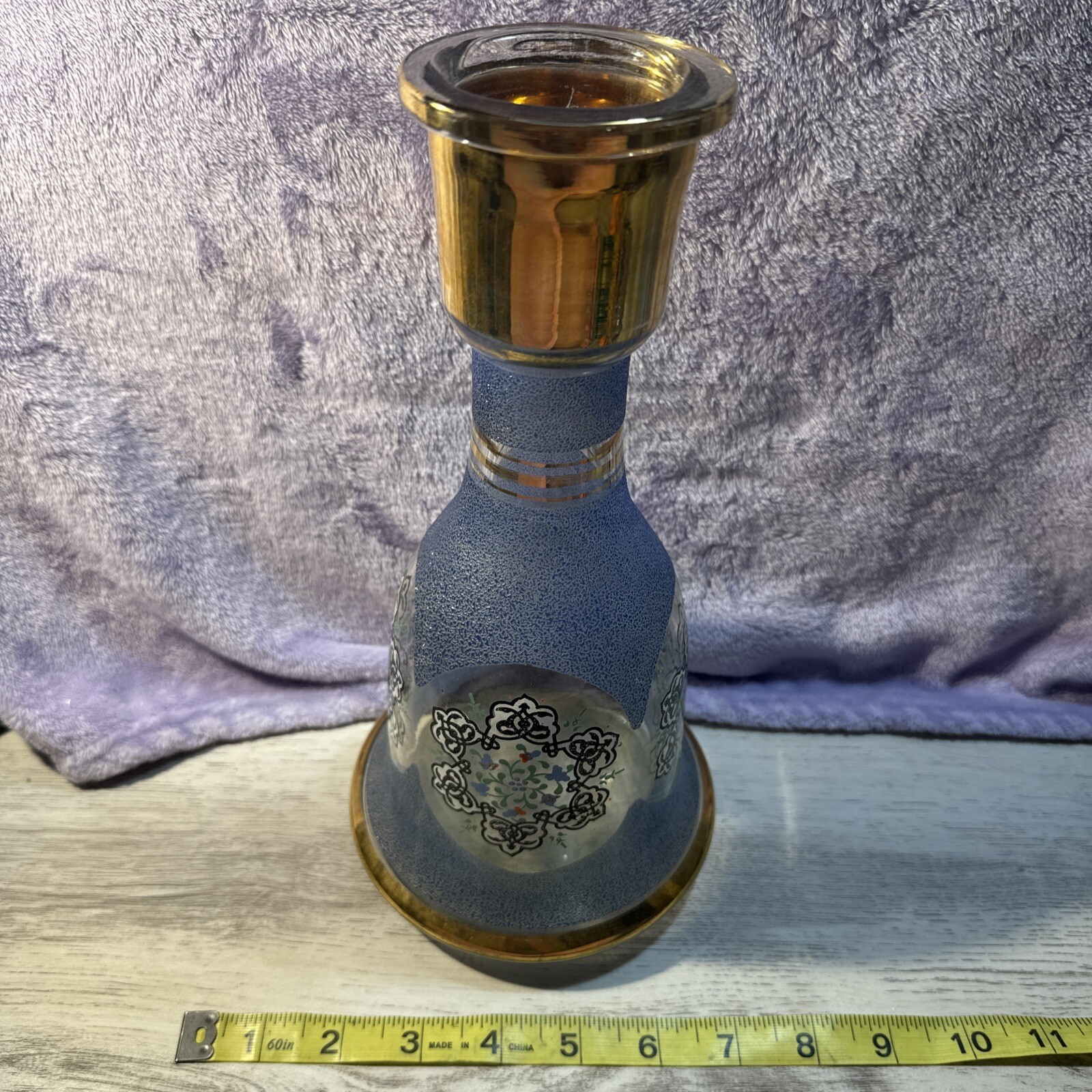 Vintage Large Vase Hookah Base Blue Frosted Glass w/ Ornate Accents Gold Rim