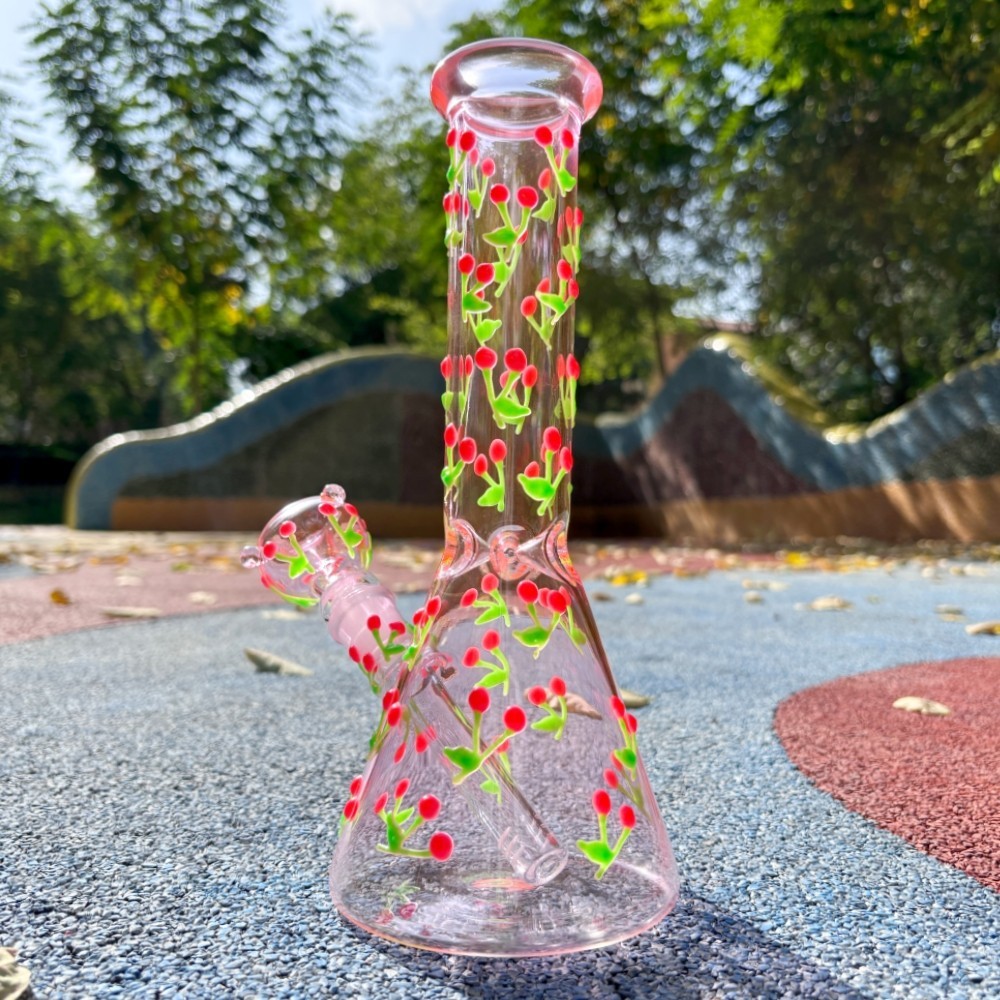 10 » Hand-Painted Glowing Cherry Glass Bong Beaker Bubbler Hookah Water Pipe