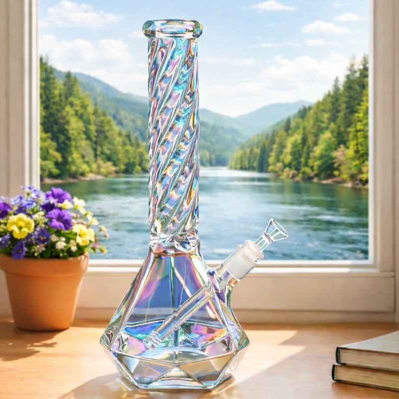 15&Prime; Iridescent Spiral Glass Water Pipe Diamond Base Hookah Bubbler 14mm Bowl