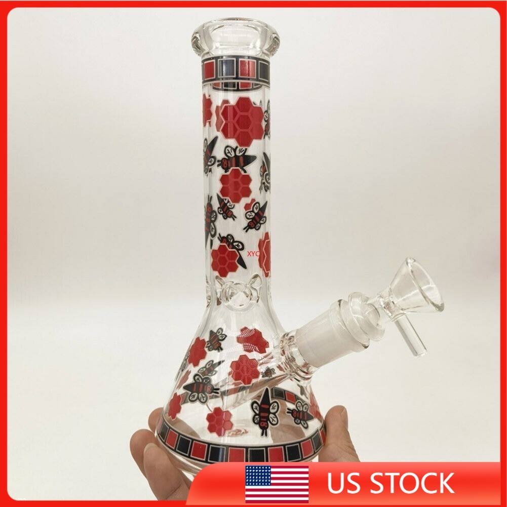 8 Inch Red Bee Handmade Bent Glass Bong Hookah Smoking Water Pipe W/ 14mm Bowl