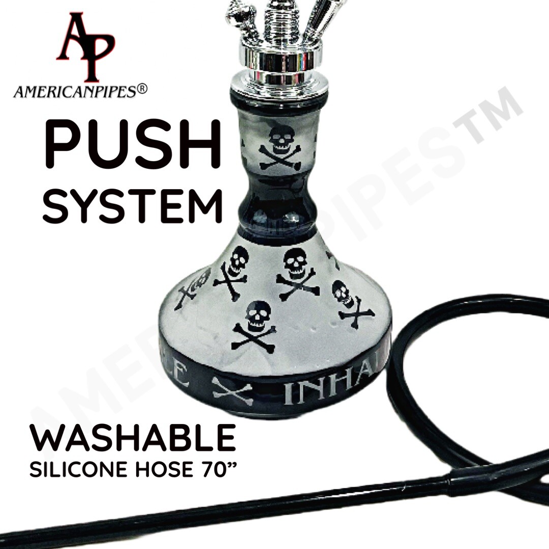 INHALE®️22” HOOKAH SOLID BRASS SHAFT, SKULL DESIGN, SILICONE HOSE, GLASS TRAY