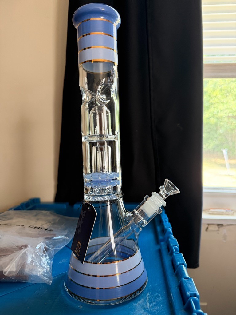 Bong Milk Blue Frost Dual Perc Ice Catcher Glass Water Pipe 14mm PHOENIX STAR