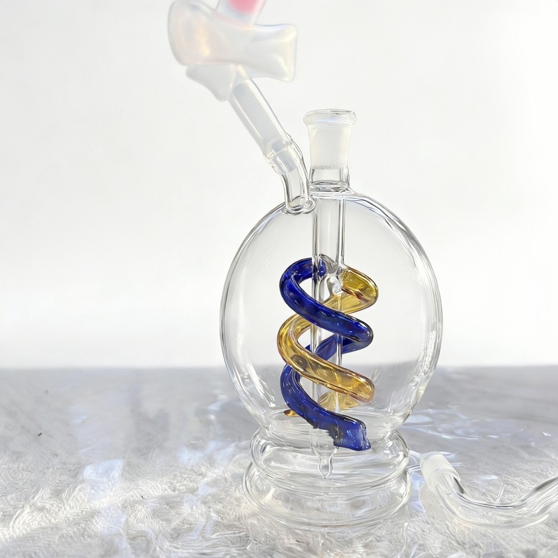 4.5&Prime; Premium Glass Water Pipe with Dual Spiral Percolator Blue Gold Orb Bong