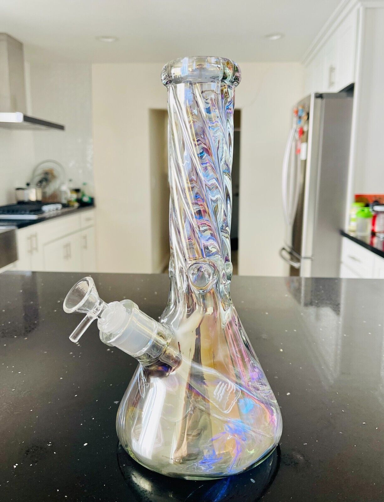 12Inch Thick Iridescent Beaker Heavy Glass Water Bong Spiral Water Follow Shape