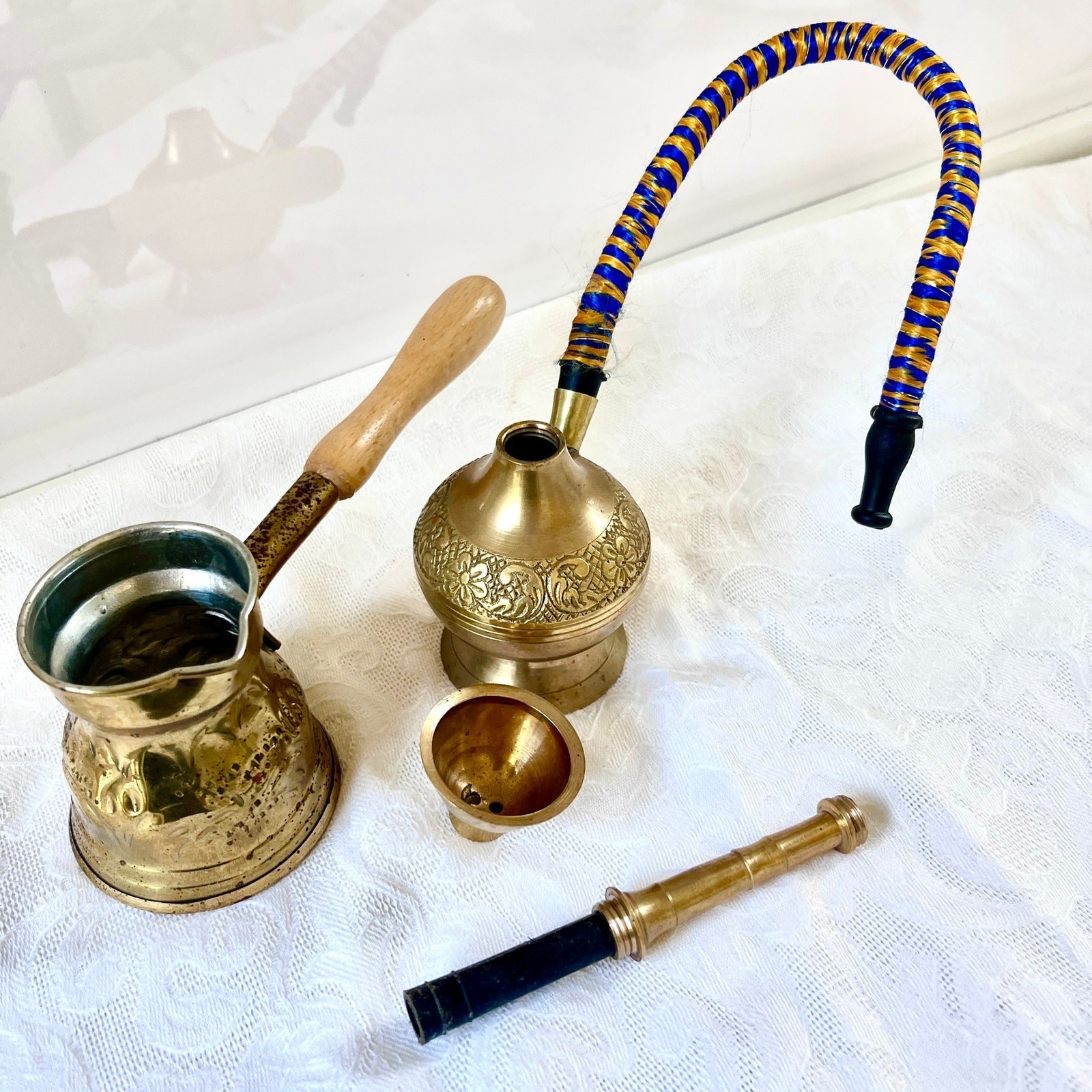 Vintage Brass Hookah Turkish Coffee Pot Handmade Engraved Middle Eastern Decor